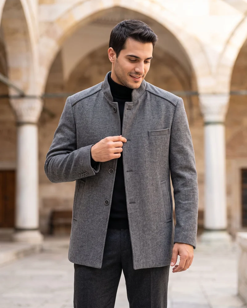 Grey Tweed Stand-Collar Coat - Outerwear by Savas Textile