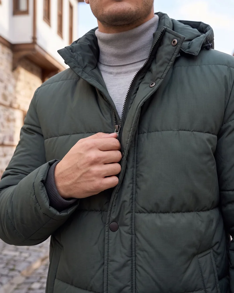 Dark Green Hooded Puffer Jacket detail - Savas Textile