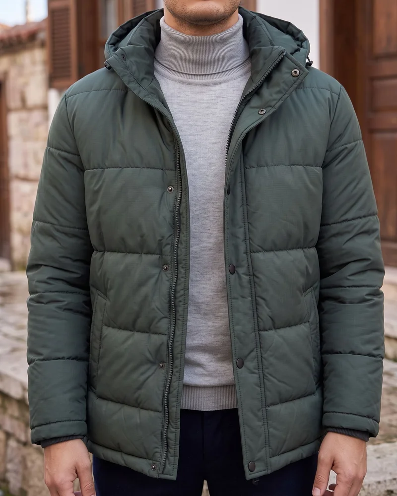 Dark Green Hooded Puffer Jacket detail - Savas Textile