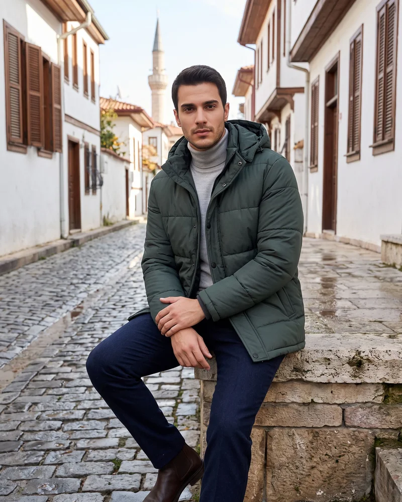 Dark Green Hooded Puffer Jacket - Outerwear by Savas Textile