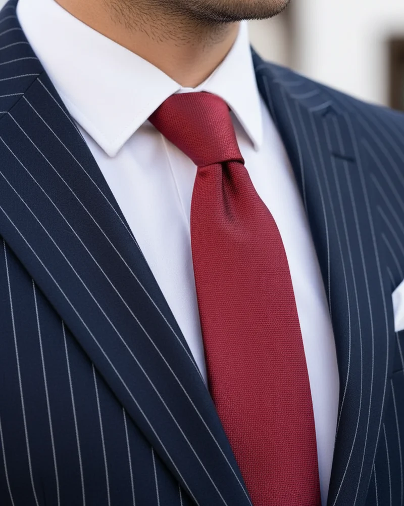 Navy Pinstripe Suit - Red Tie detail - Savas Textile