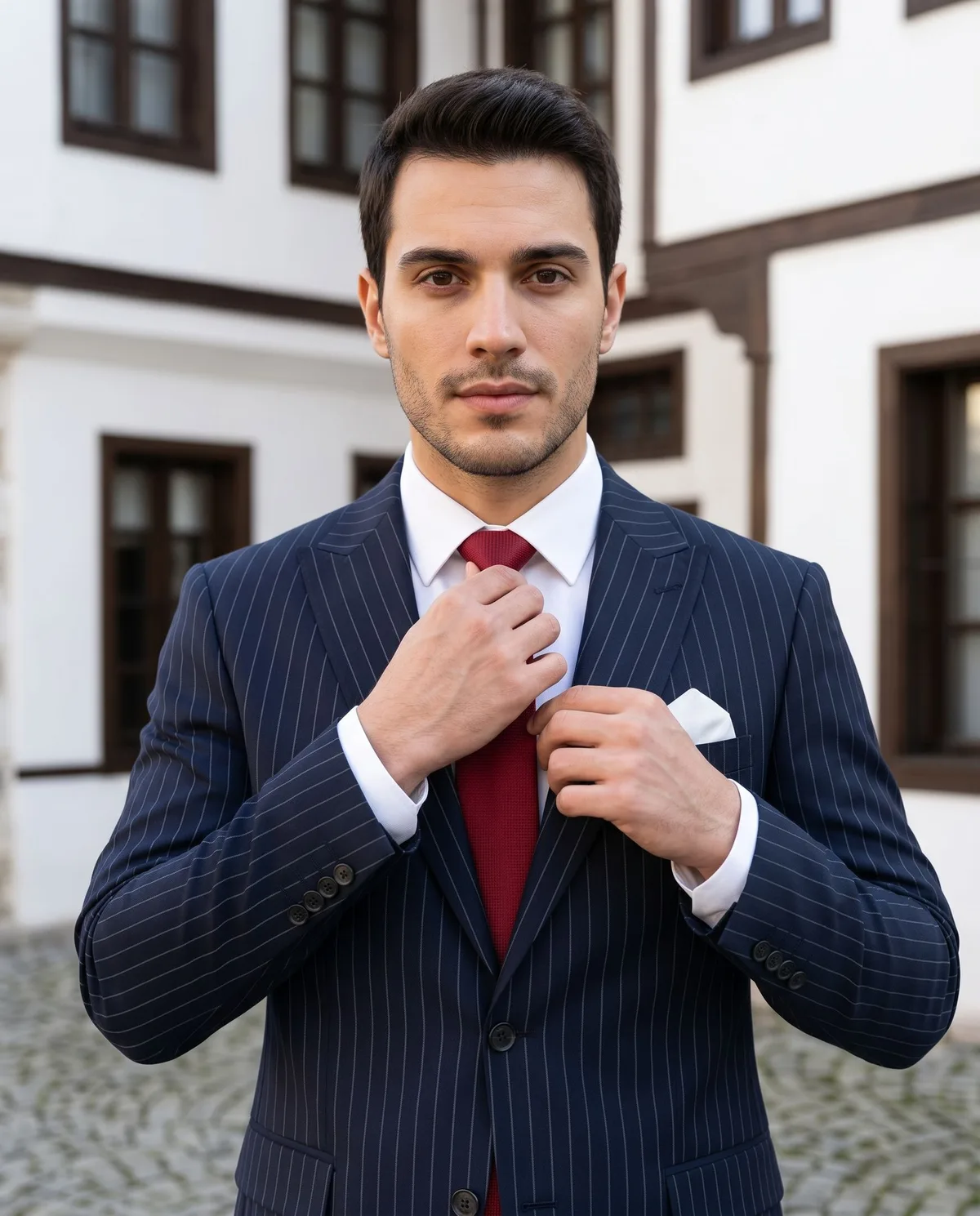 Navy Pinstripe Suit - Red Tie detail - Savas Textile