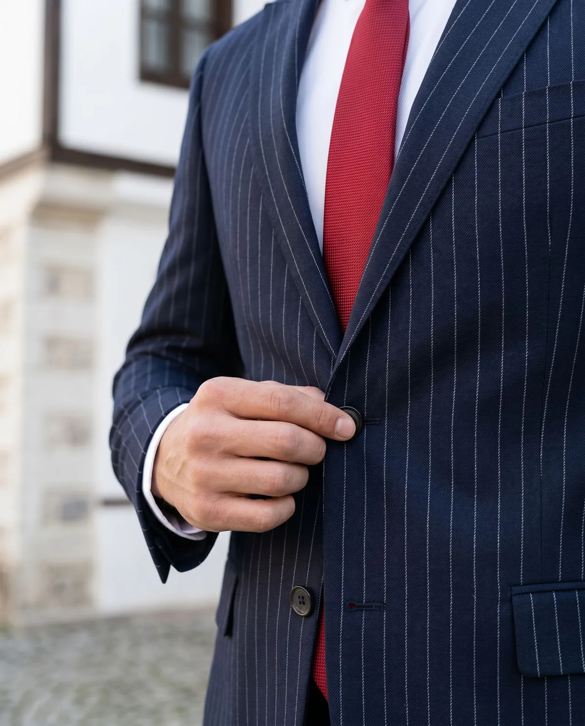 Navy Pinstripe Suit - Red Tie detail - Savas Textile