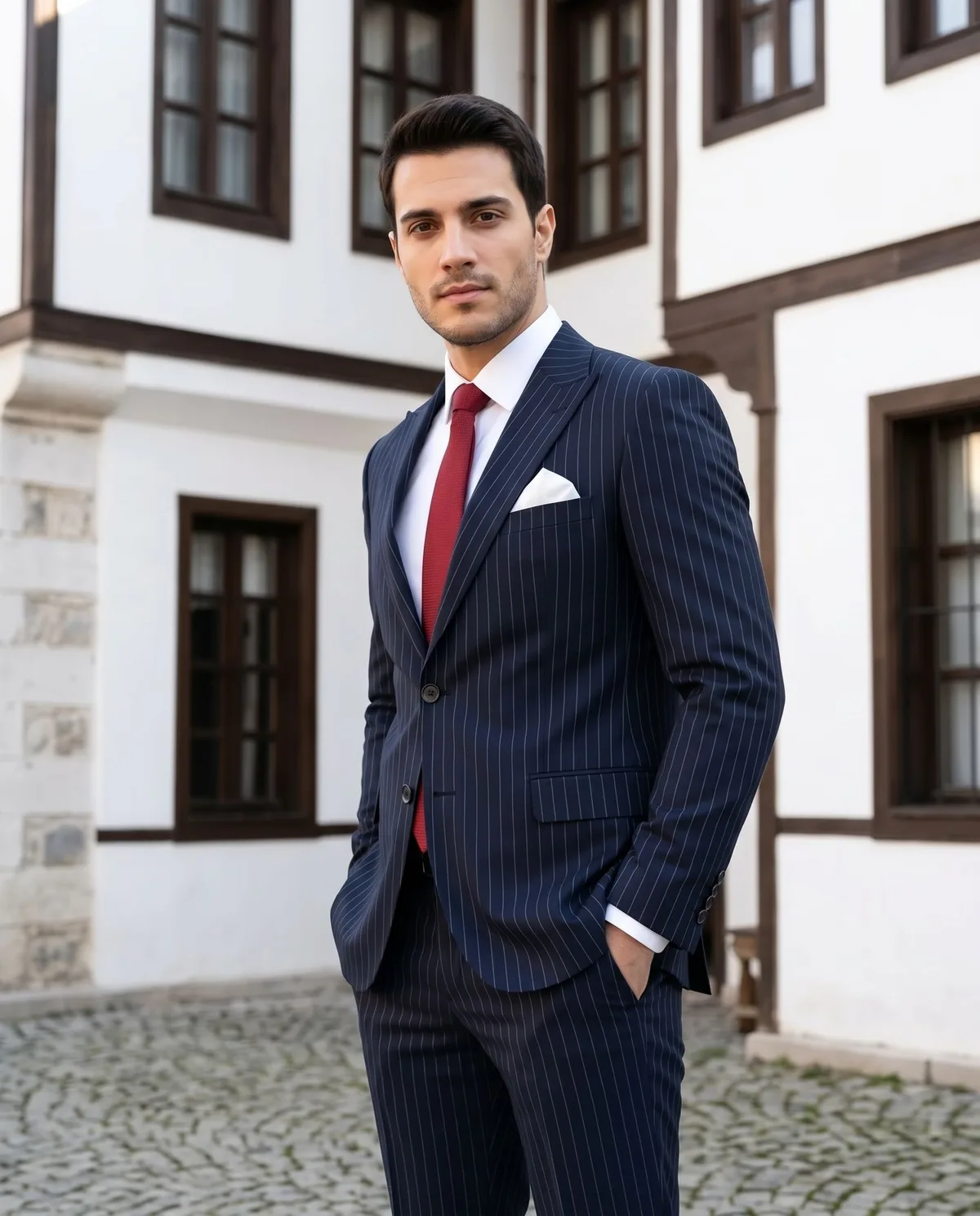 Navy Pinstripe Suit - Red Tie detail - Savas Textile
