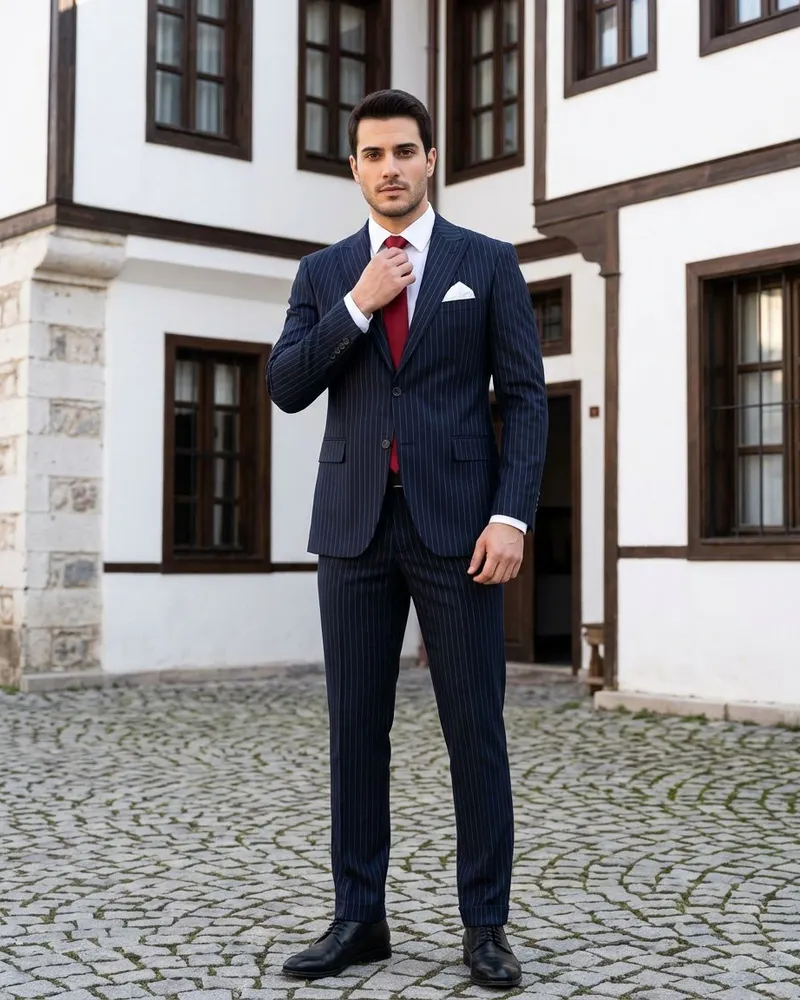 Navy Pinstripe Suit - Red Tie - Suits by Savas Textile