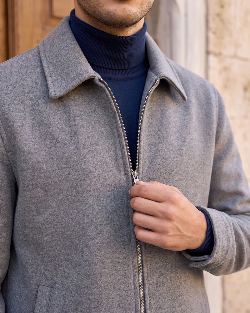 Grey Melton Zip Coat detail - Savas Textile