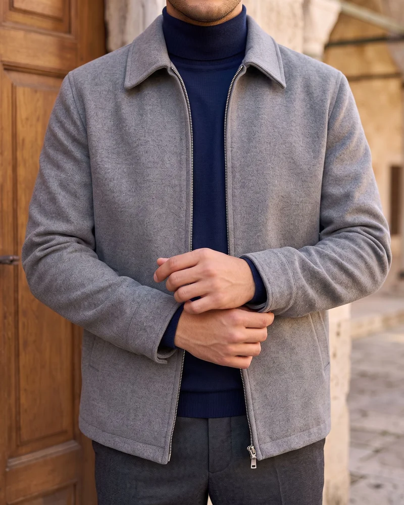 Grey Melton Zip Coat detail - Savas Textile
