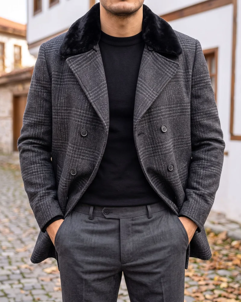 Charcoal Check Double-Breasted Coat detail - Savas Textile