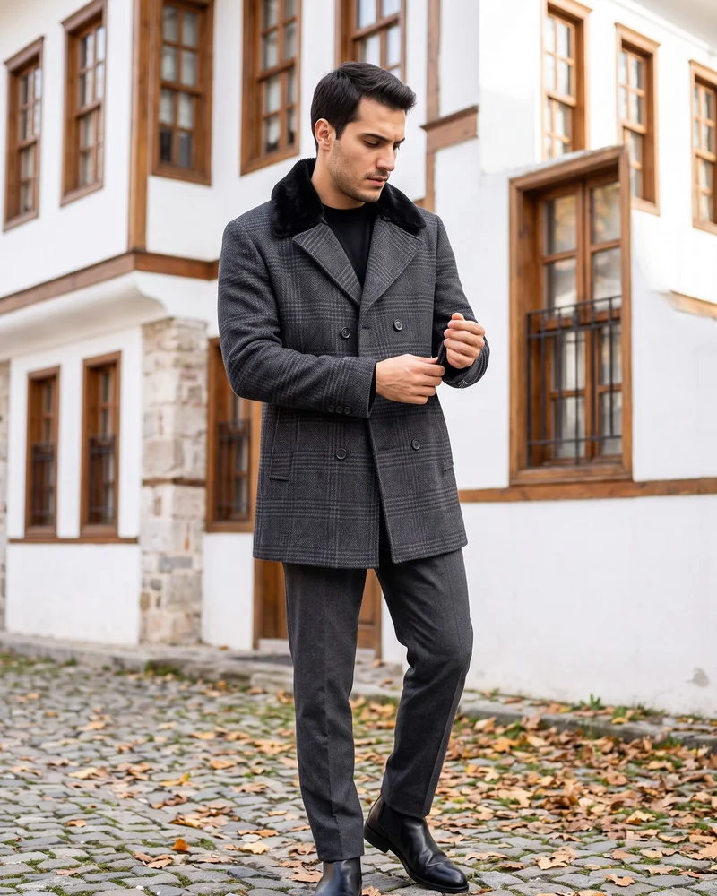 Charcoal Check Double-Breasted Coat - Outerwear by Savas Textile