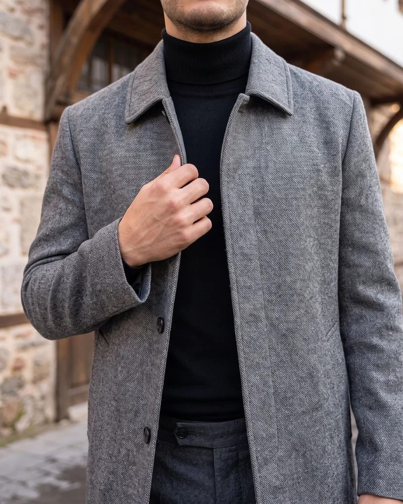 Grey Tweed Shirt-Collar Coat detail - Savas Textile