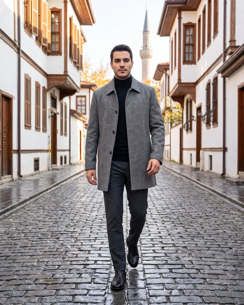 Grey Tweed Shirt-Collar Coat - Outerwear by Savas Textile