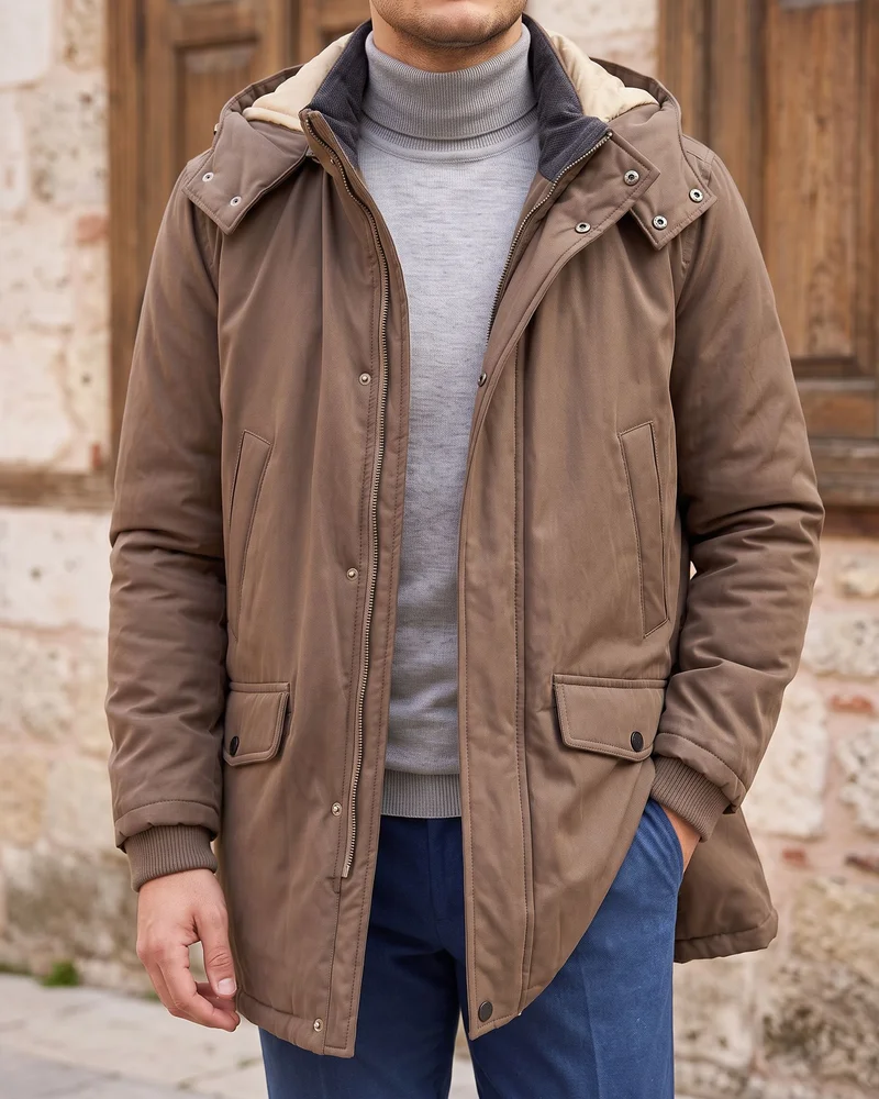 Taupe Hooded Parka detail - Savas Textile