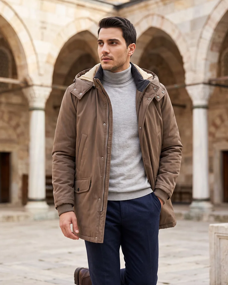 Taupe Hooded Parka - Outerwear by Savas Textile