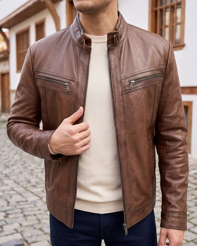 Brown Stand-Collar Leather Jacket detail - Savas Textile