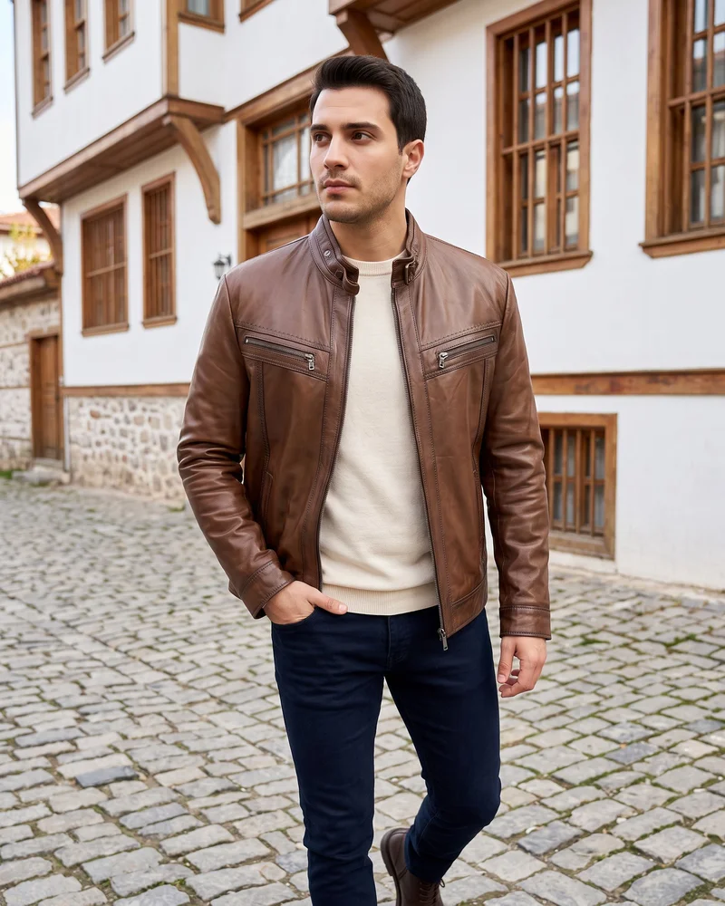 Brown Stand-Collar Leather Jacket - Leather Jackets by Savas Textile