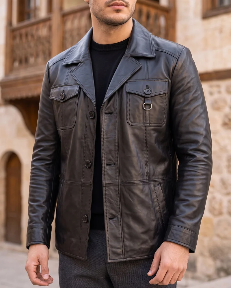 Black Blazer-Collar Leather Jacket detail - Savas Textile