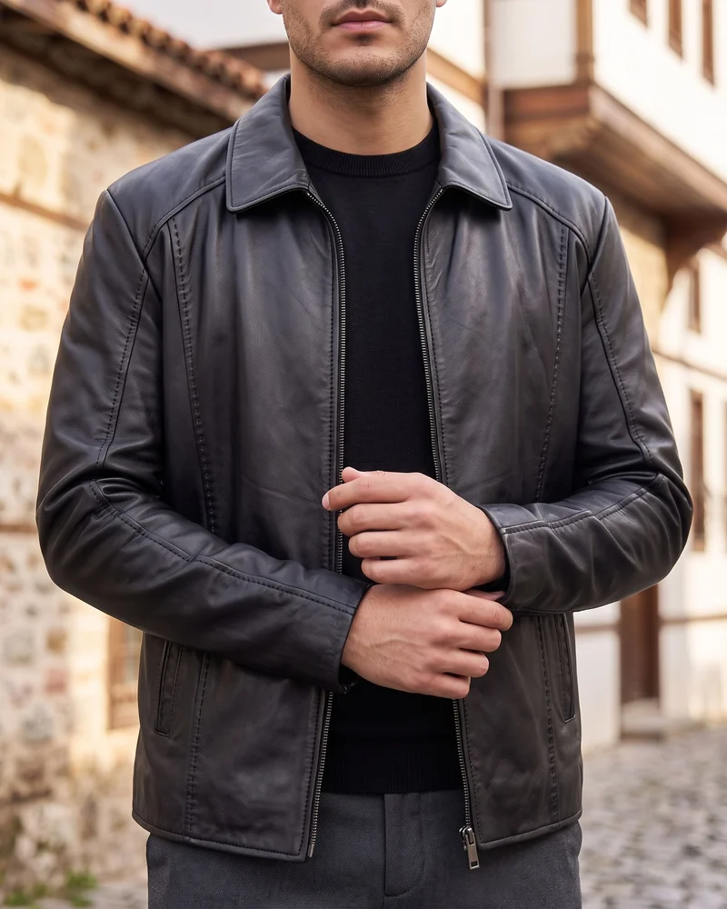 Black Shirt-Collar Leather Jacket detail - Savas Textile