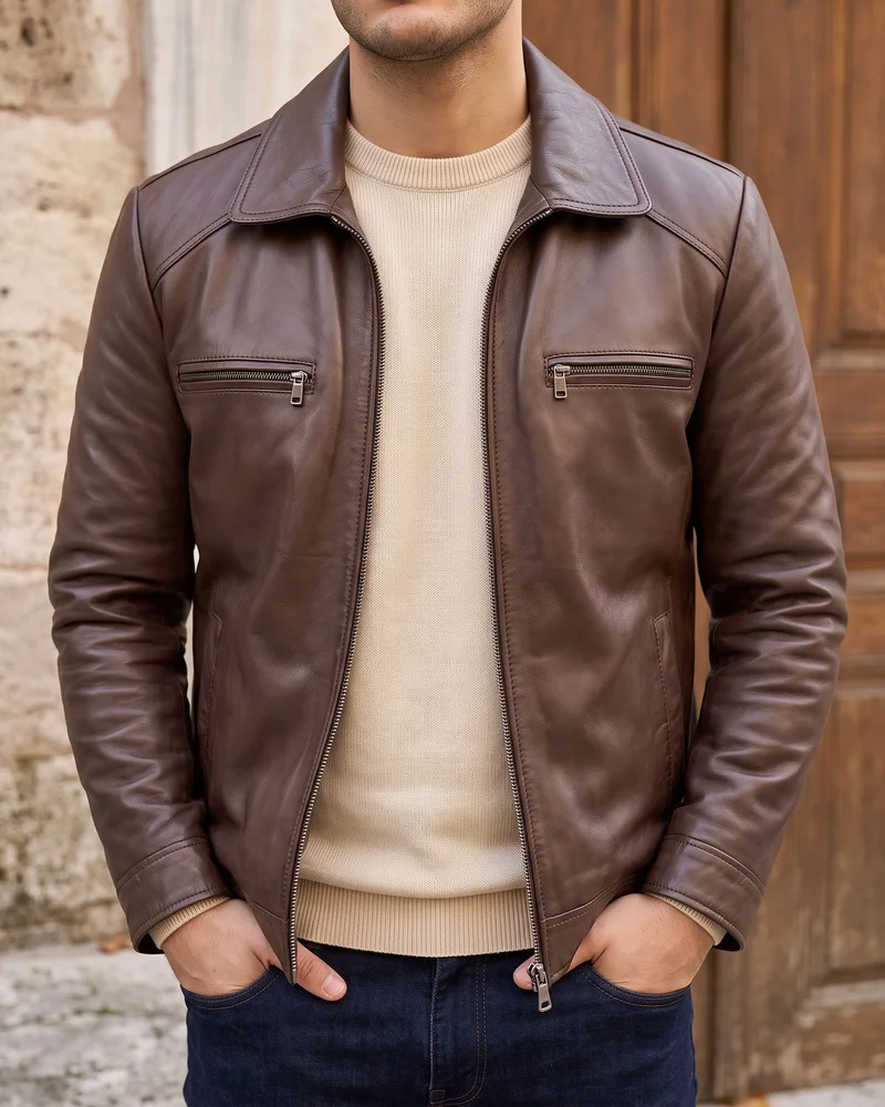 Brown Shirt-Collar Leather Jacket detail - Savas Textile