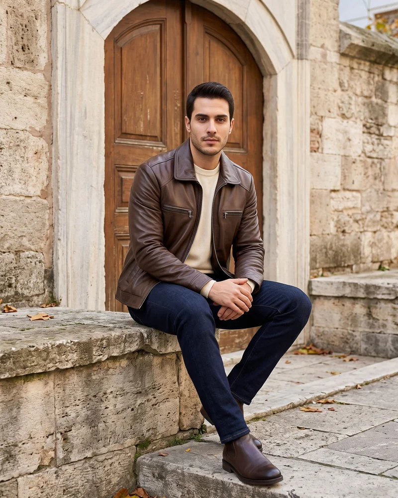 Brown Shirt-Collar Leather Jacket - Premium Turkish Leather Jackets by Savas Textile