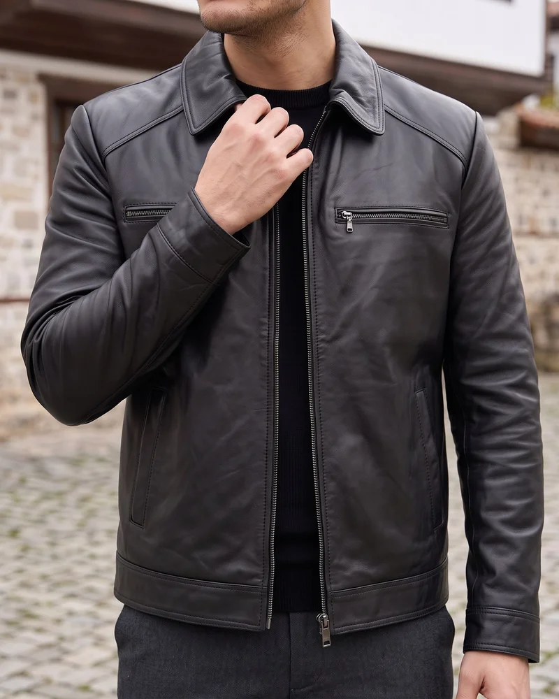 Black Zip-Pocket Leather Jacket detail - Savas Textile