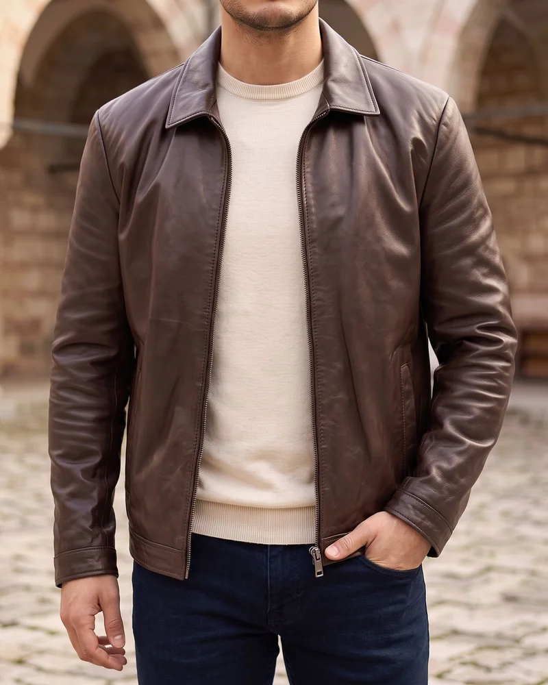 Dark Brown Shirt-Collar Leather Jacket detail - Savas Textile