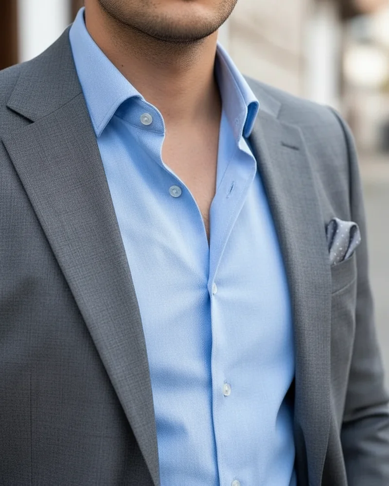 Grey Slim Fit Suit - Tieless detail - Savas Textile