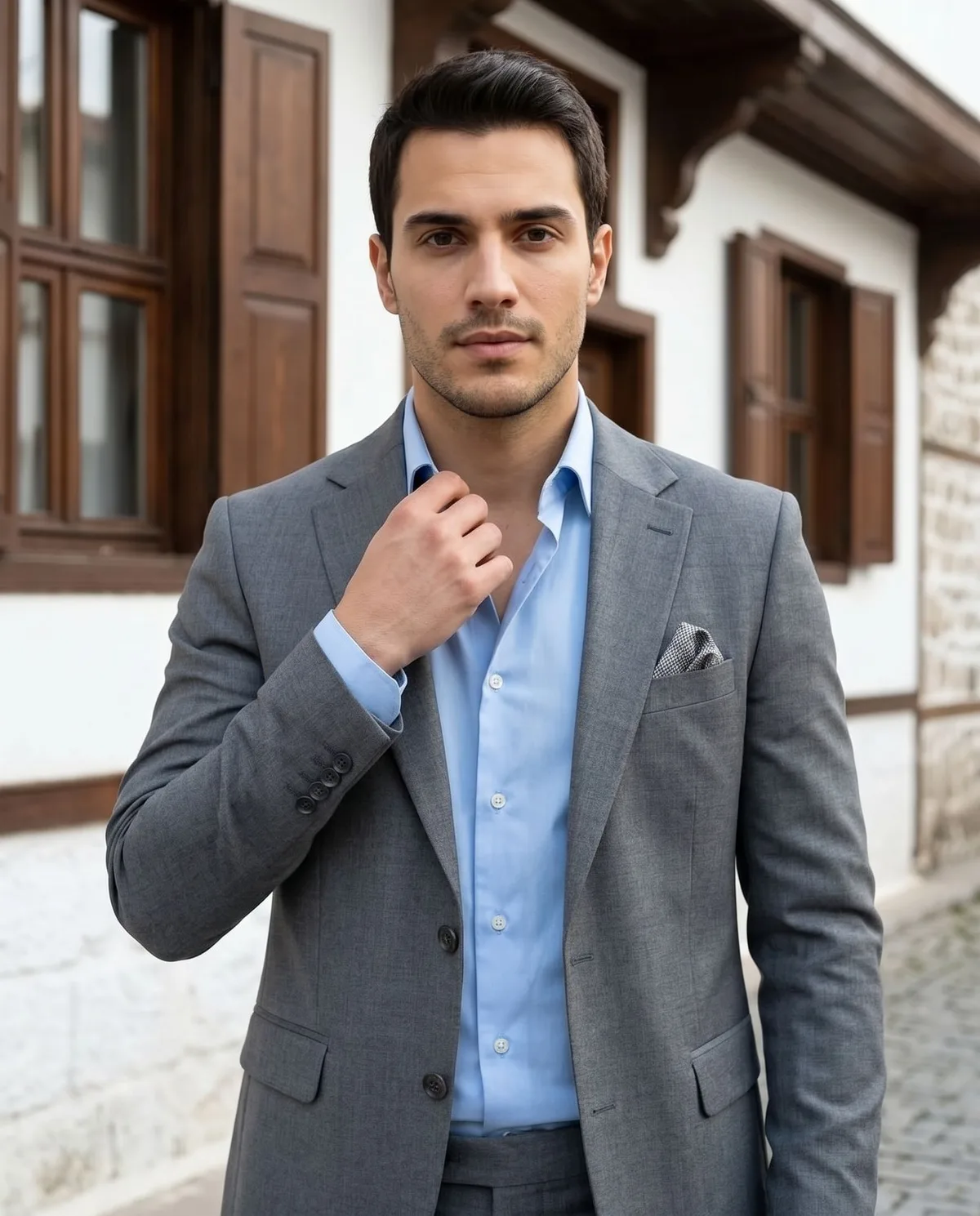 Grey Slim Fit Suit - Tieless detail - Savas Textile