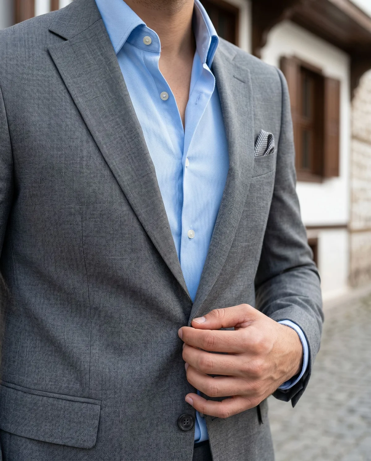 Grey Slim Fit Suit - Tieless detail - Savas Textile