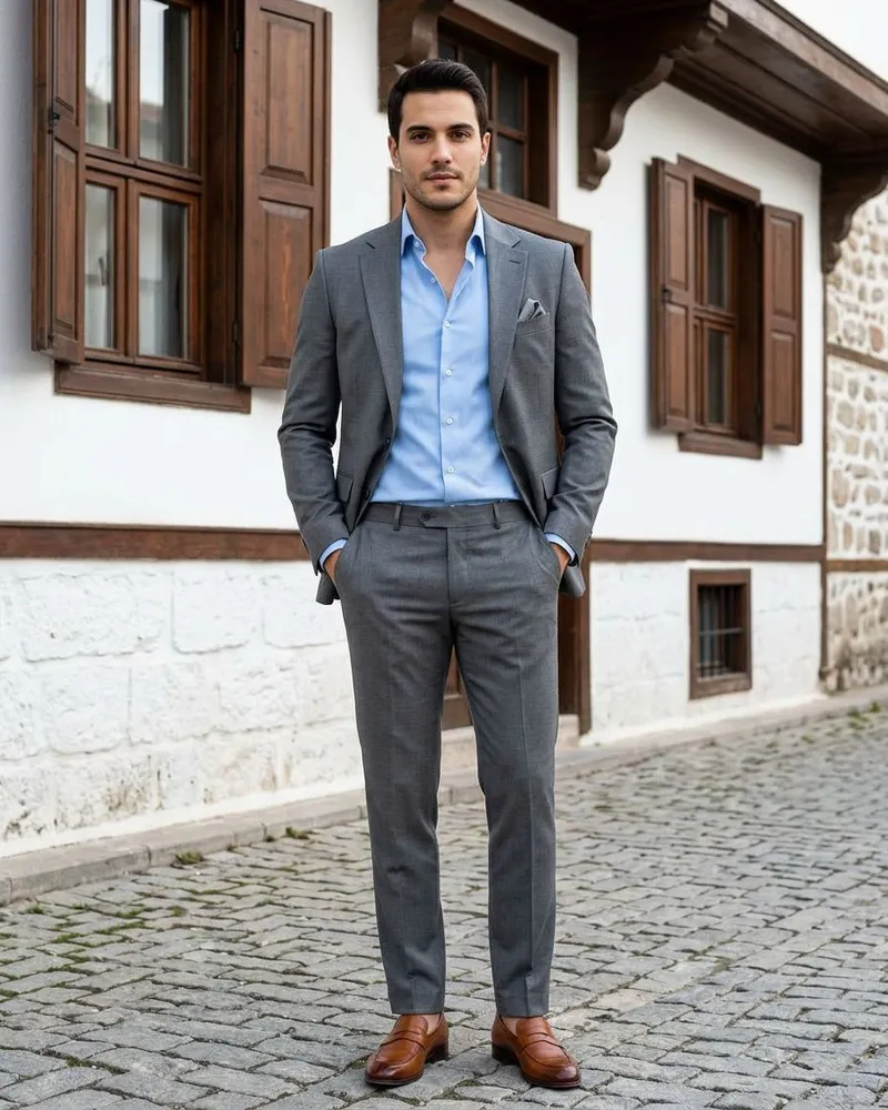 Grey Slim Fit Suit - Tieless - Suits by Savas Textile
