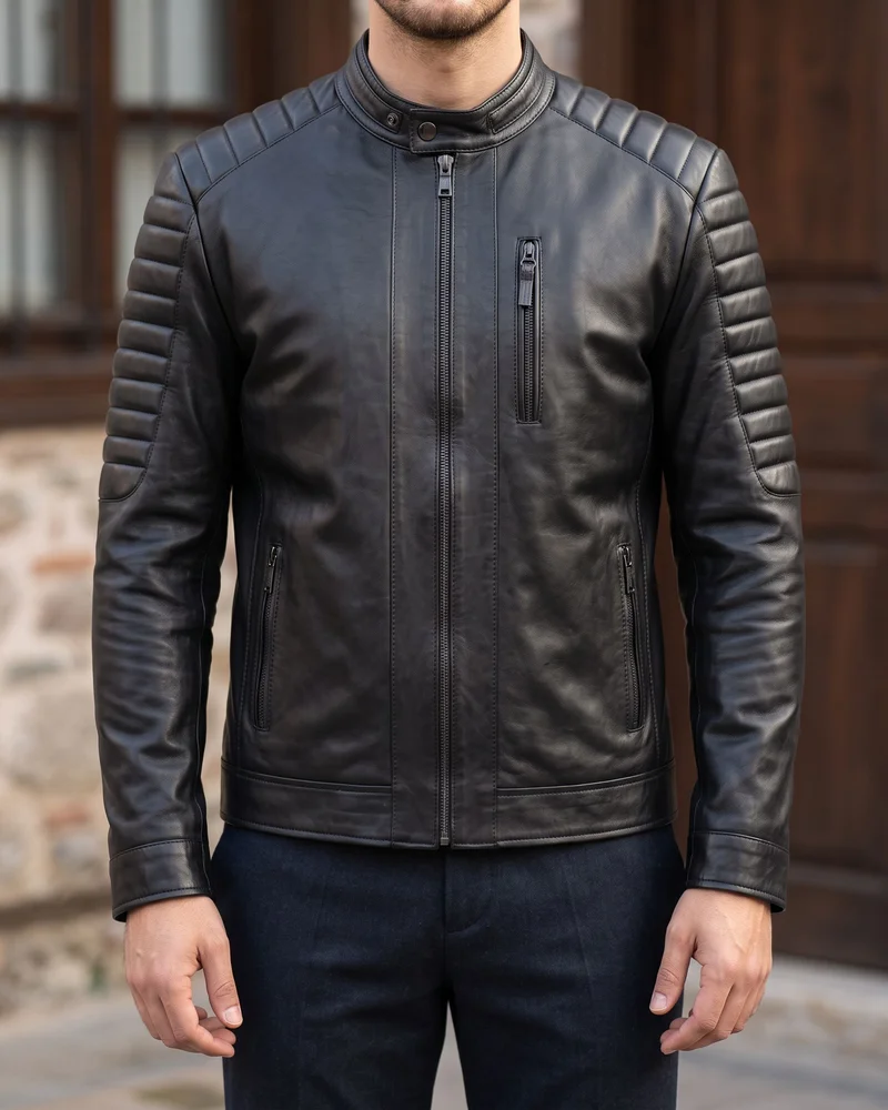 Black Biker Leather Jacket detail - Savas Textile