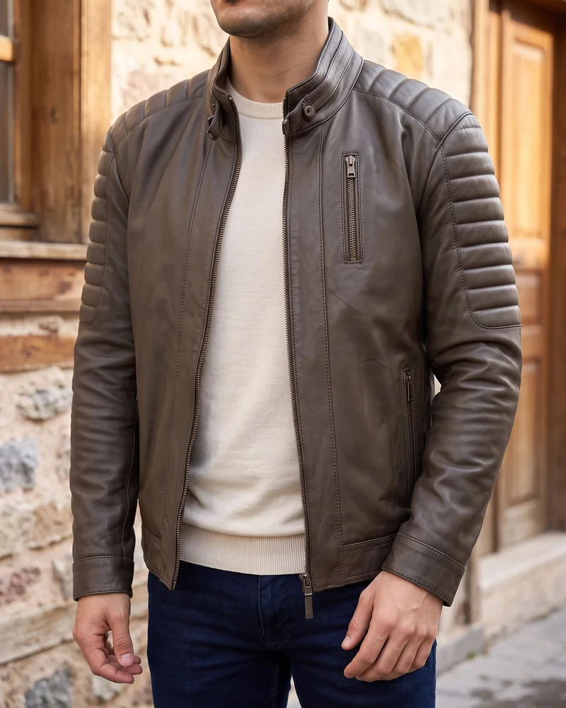 Taupe Brown Biker Leather Jacket detail - Savas Textile