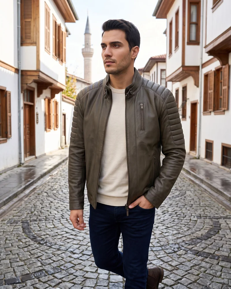 Taupe Brown Biker Leather Jacket - Premium Turkish Leather Jackets by Savas Textile