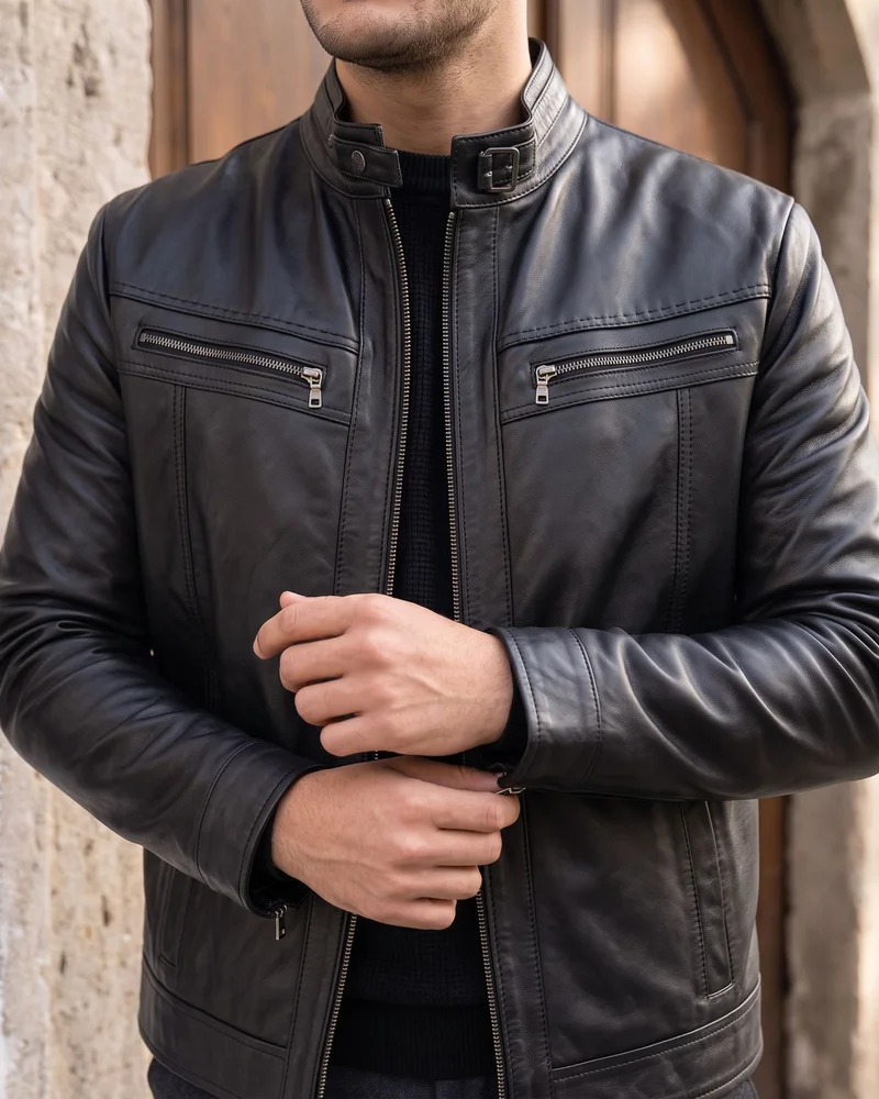 Black Stand-Collar Two-Pocket Leather Jacket detail - Savas Textile