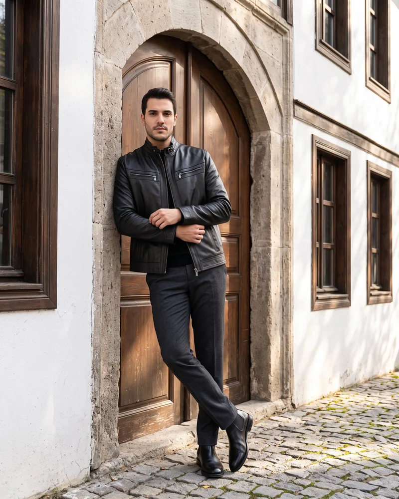Black Stand-Collar Two-Pocket Leather Jacket - Premium Turkish Leather Jackets by Savas Textile