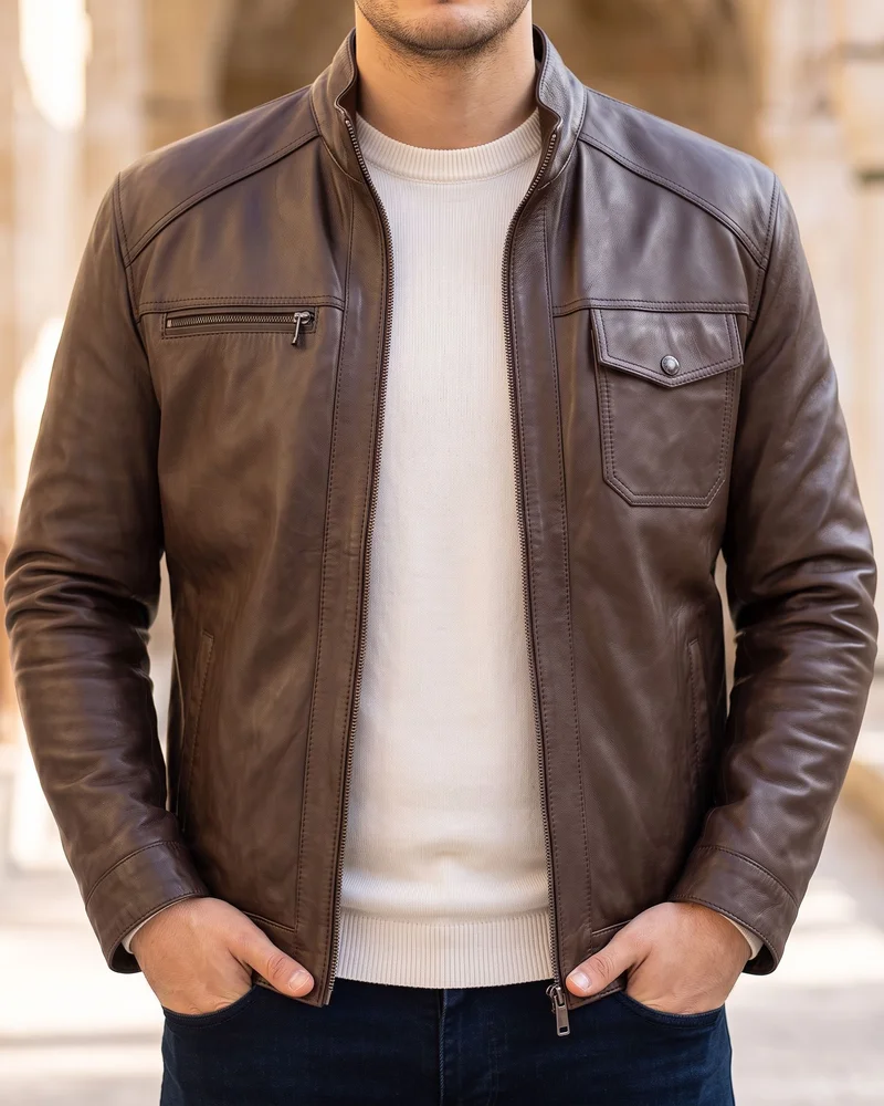 Brown Flap-Pocket Leather Jacket detail - Savas Textile