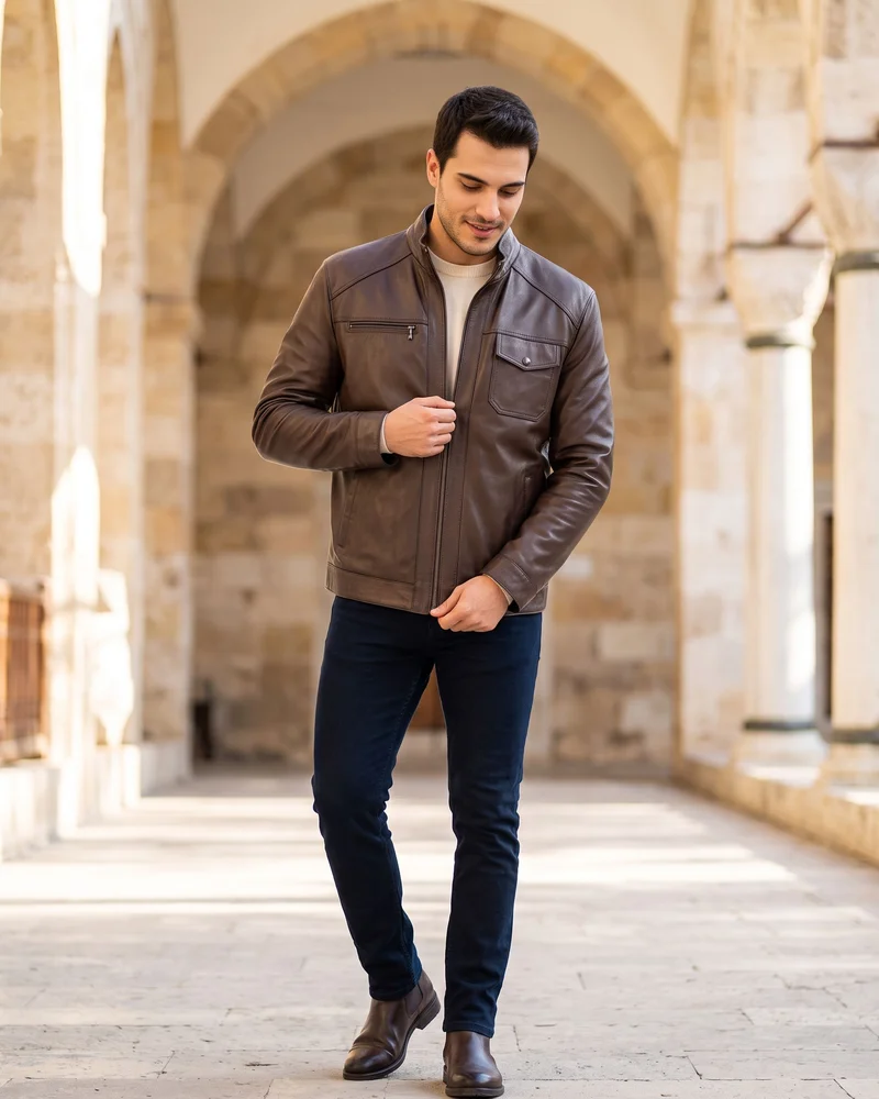 Brown Flap-Pocket Leather Jacket - Premium Turkish Leather Jackets by Savas Textile