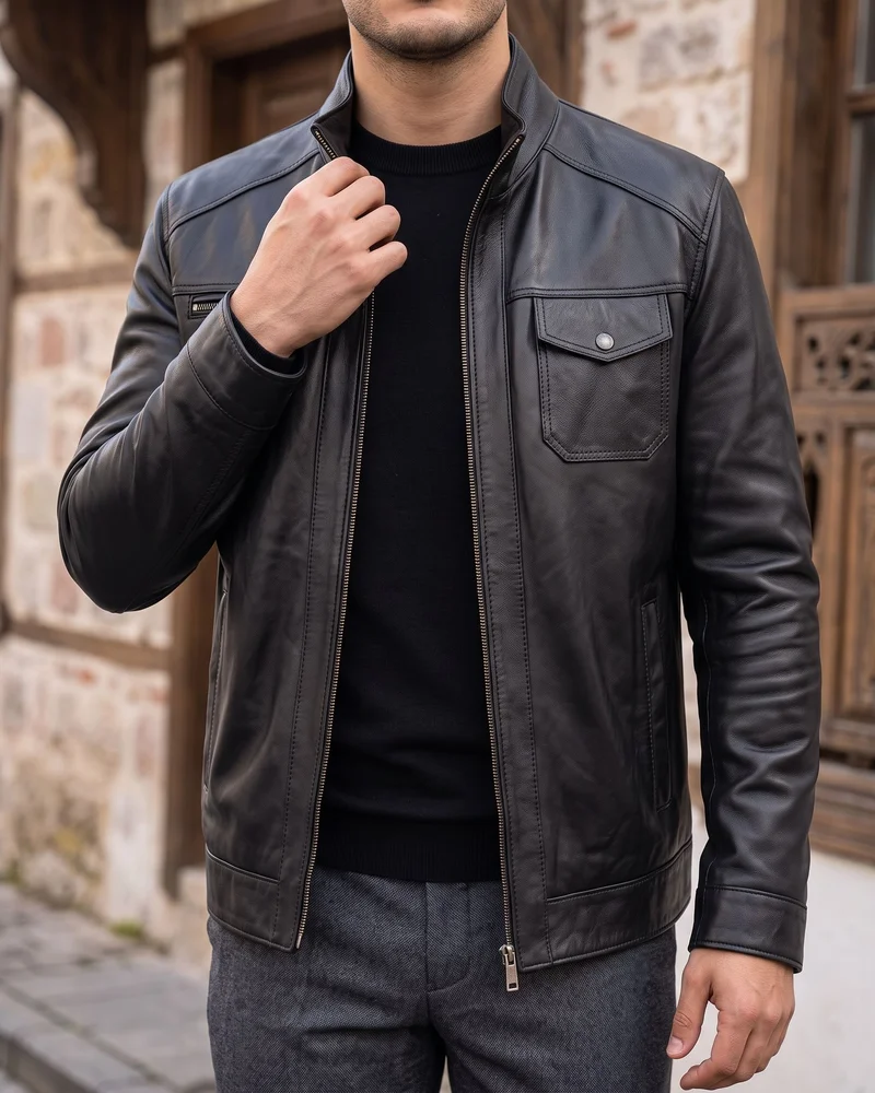 Black Flap-Pocket Leather Jacket detail - Savas Textile