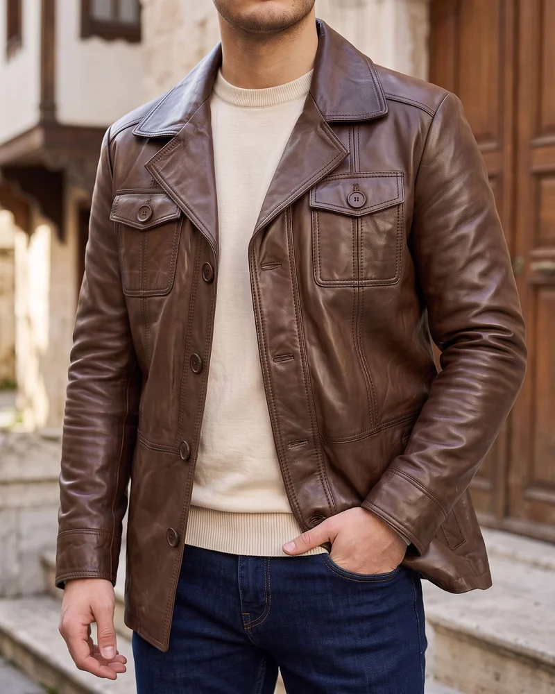 Brown Safari Leather Jacket detail - Savas Textile