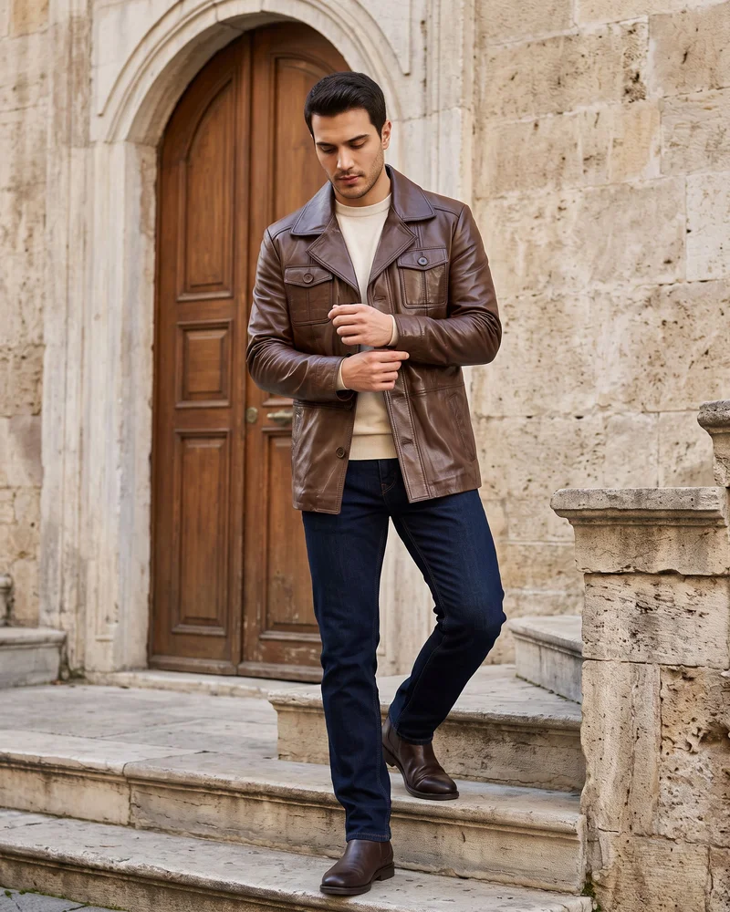 Brown Safari Leather Jacket - Premium Turkish Leather Jackets by Savas Textile