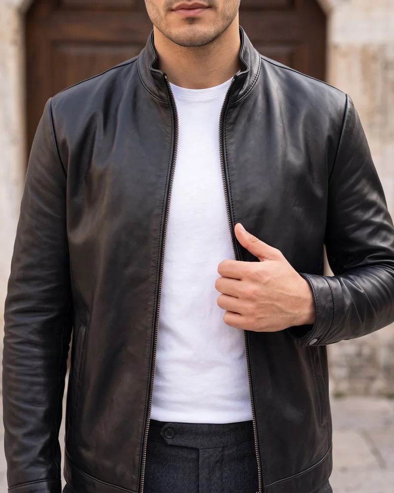 Black Minimal Leather Jacket detail - Savas Textile