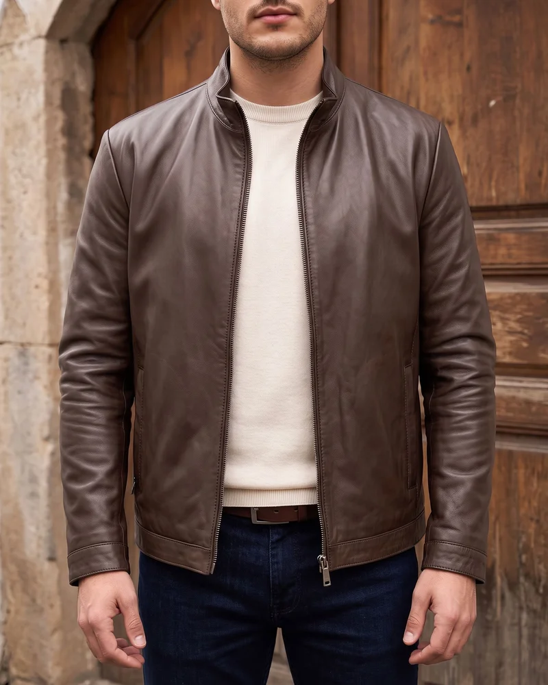 Brown Plain Leather Jacket detail - Savas Textile