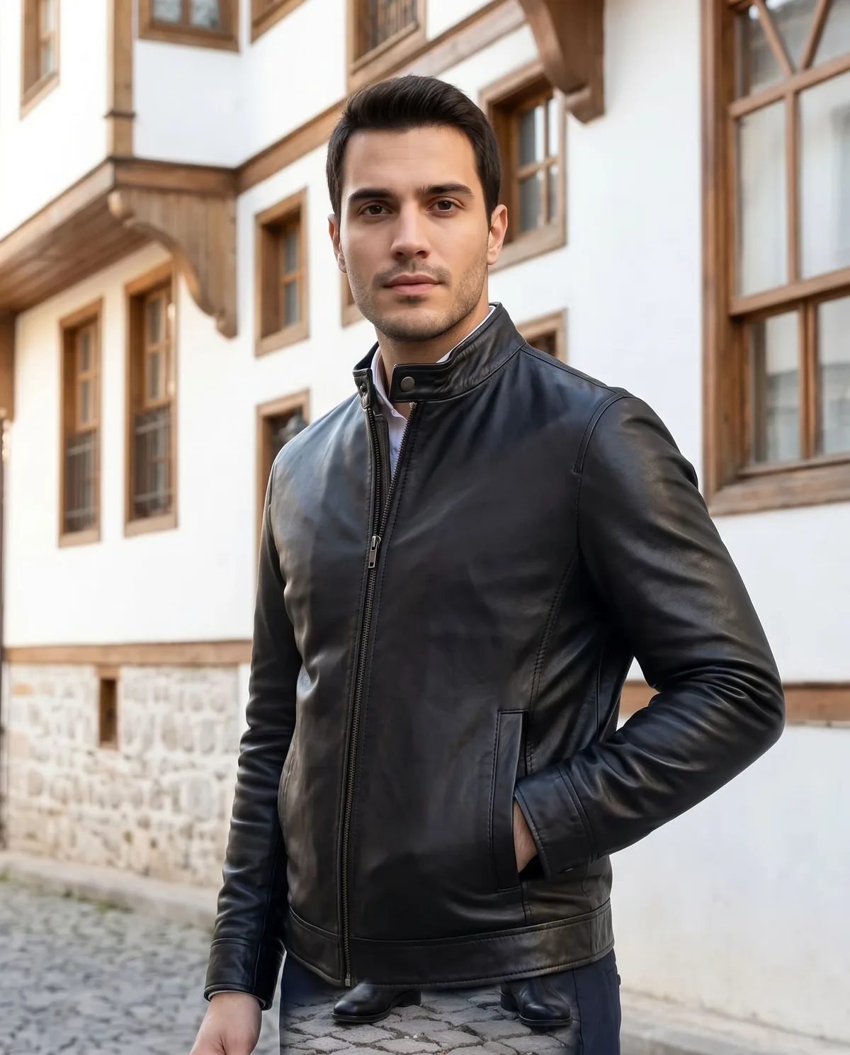 Black Genuine Leather Jacket detail - Savas Textile