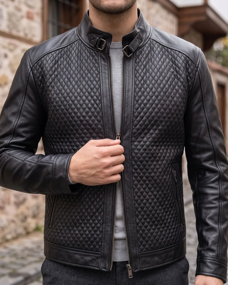 Black Quilted Leather Jacket detail - Savas Textile
