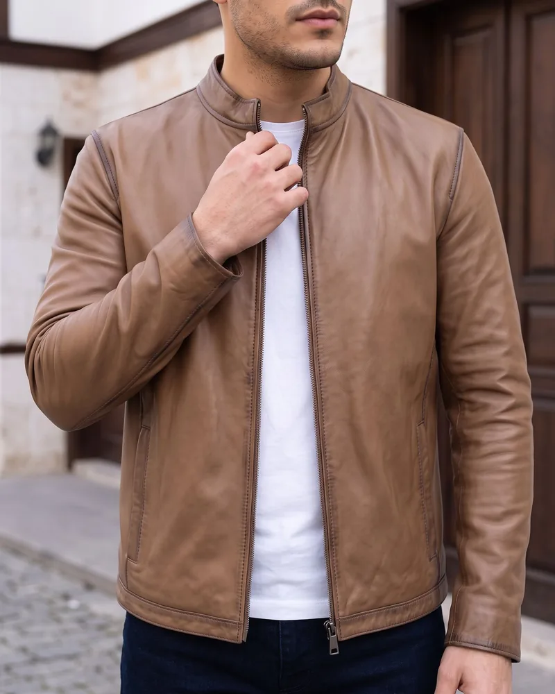 Light Brown Stand-Collar Leather Jacket detail - Savas Textile
