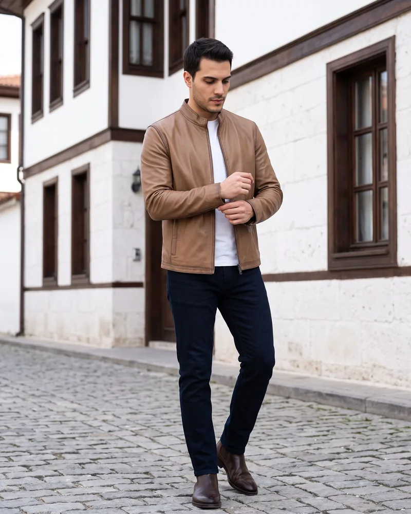 Light Brown Stand-Collar Leather Jacket - Premium Turkish Leather Jackets by Savas Textile