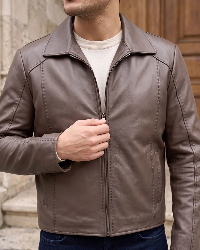 Brown Stitched Shirt-Collar Leather Jacket detail - Savas Textile