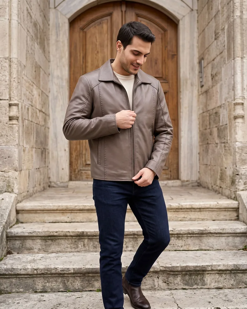 Brown Stitched Shirt-Collar Leather Jacket - Premium Turkish Leather Jackets by Savas Textile