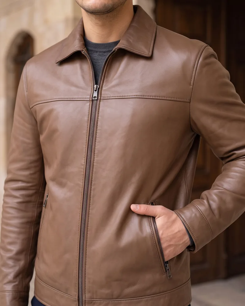 Brown Chest-Panel Leather Jacket detail - Savas Textile