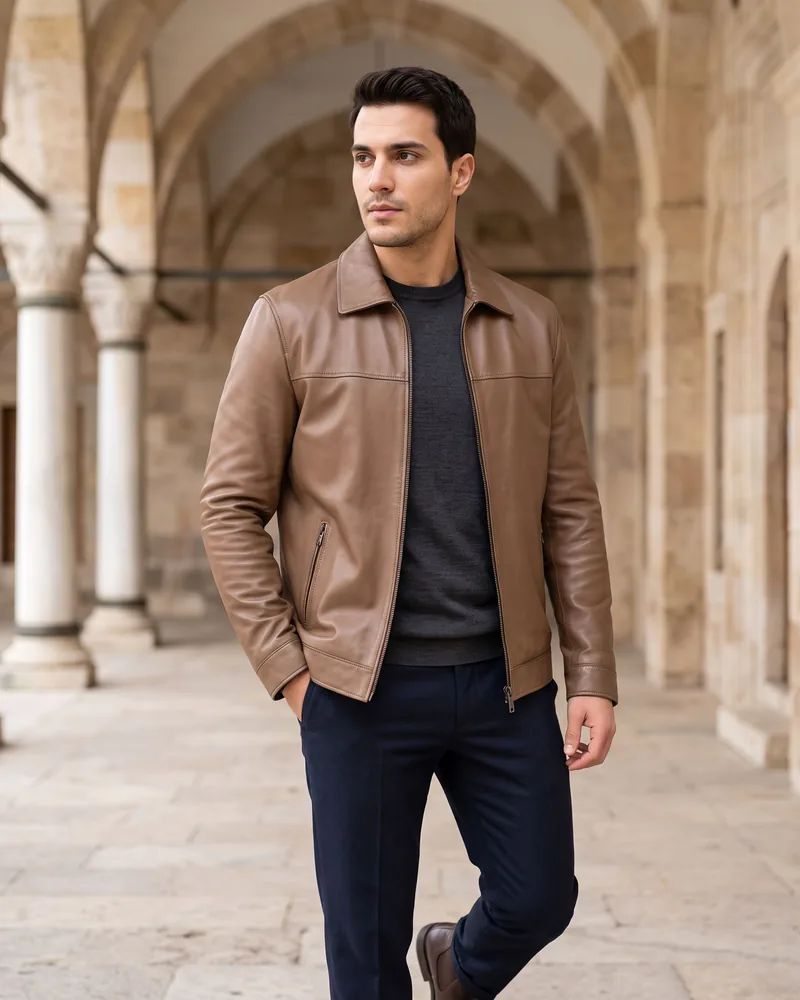 Brown Chest-Panel Leather Jacket - Leather Jackets by Savas Textile
