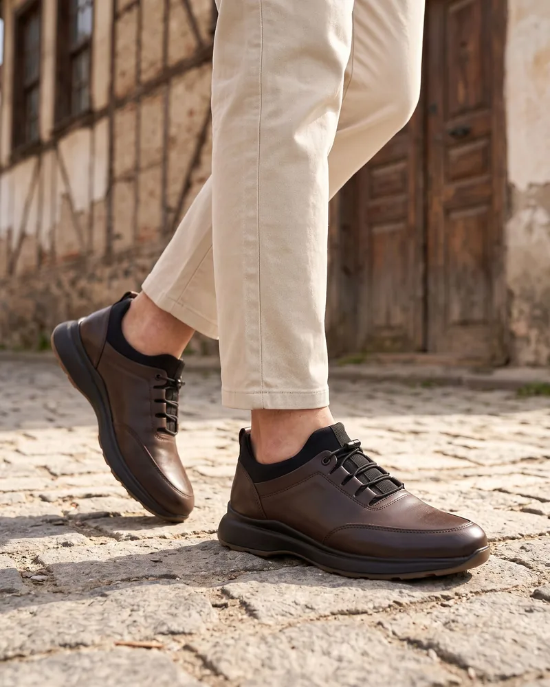 Brown Leather Elastic-Lace Shoes - Shoes by Savas Textile